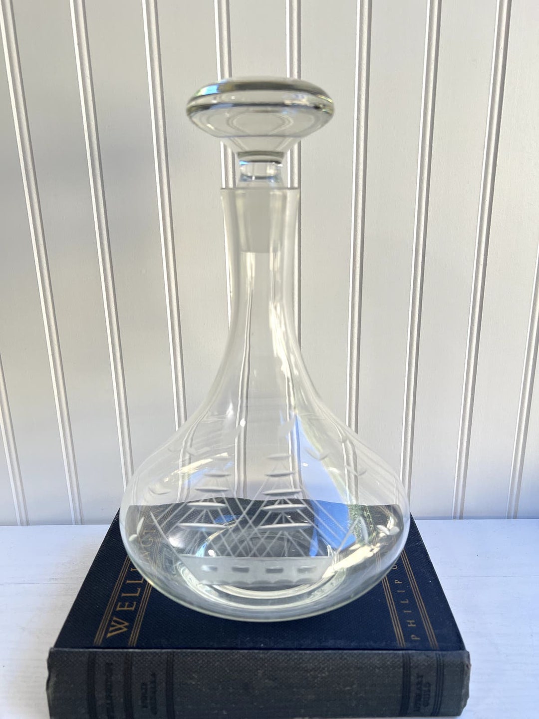 Vintage Crystal Decanter Etched Glass Sailboat Ship With Birds Nautical ...