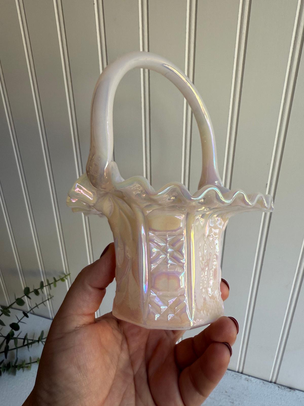 Vintage Fenton Iridescent Pink & White Glass Basket | Ruffled Edge