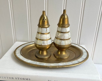 Vintage Brass and Mother of Pearl Salt and Pepper Shakers Set with Tray Napkin Holders