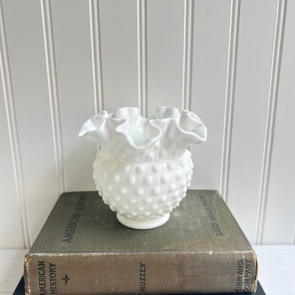 Vintage Fenton White Milk Glass Hobnail Rose Bowl Vase Ruffled Edge Cottagecore