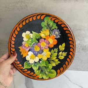 Vintage Hand Painted Floral Folk Art Plate | Black Pottery Wall Hanging Plate