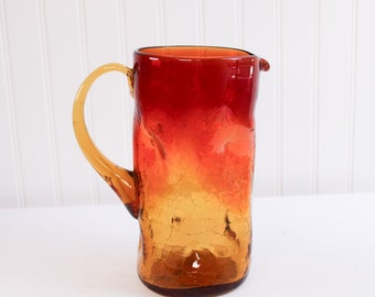 Vintage Amberina Crackled Glass Rot Gelb Orange Krug Vase Grübchen Ombre