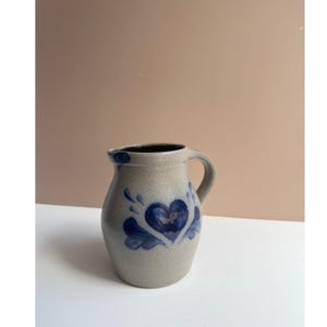 Vintage Rowe Pottery Works Pitcher 6&quot; | Salt Glaze with Heart Motif | 1997 Rustic Primitive