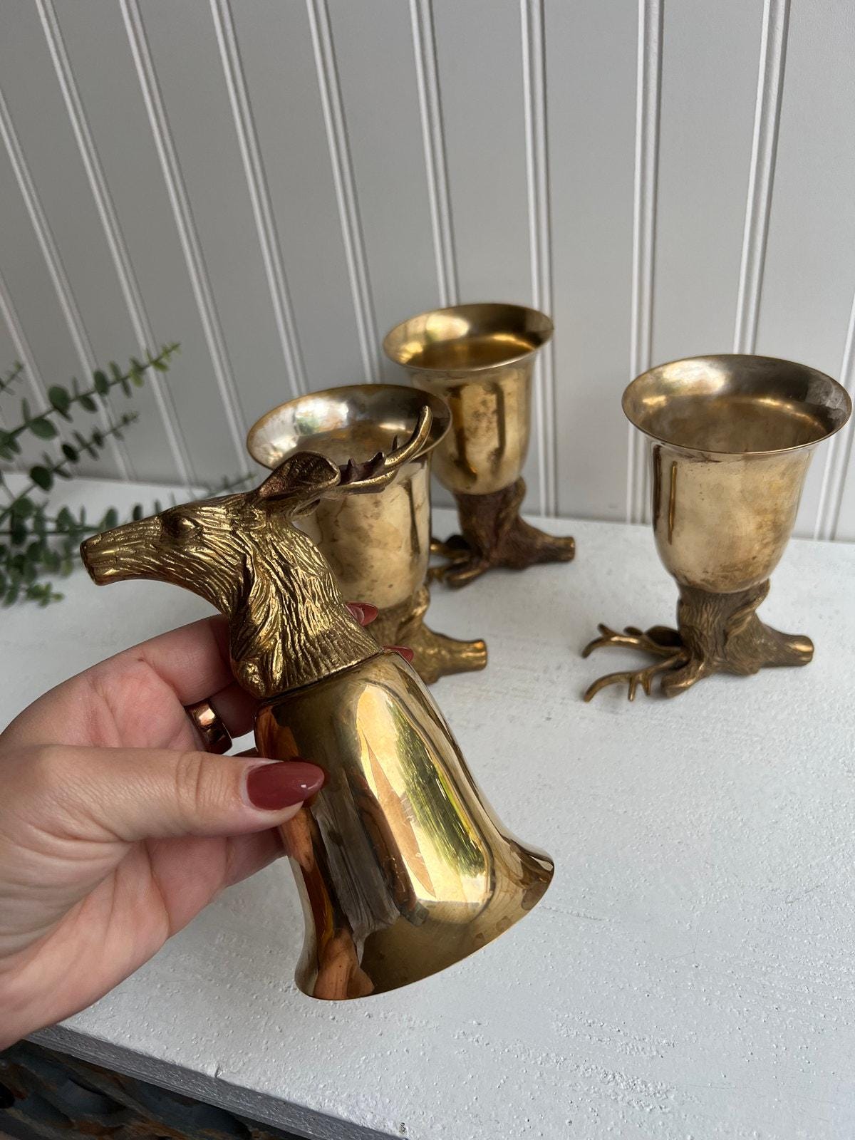 Vintage Brass Deer Stirrup Cups Set of 4 | Stag Head Barware