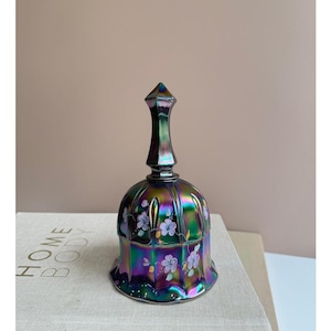 Fenton Iridescent Art Glass Bell | Handpainted Floral Design | Signed Collector&#39;s Bell