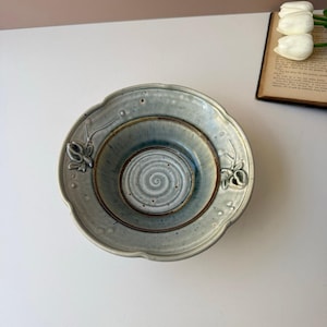 Vintage Studio Pottery Bowl Signed Russell 1992 | 3D Flower Design Celadon Glaze
