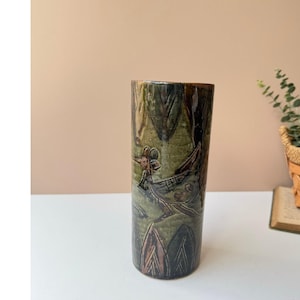 Vintage Otagiri Japan Incised Abstract Bird Vase | Dark Glaze | MCM Pottery Decor