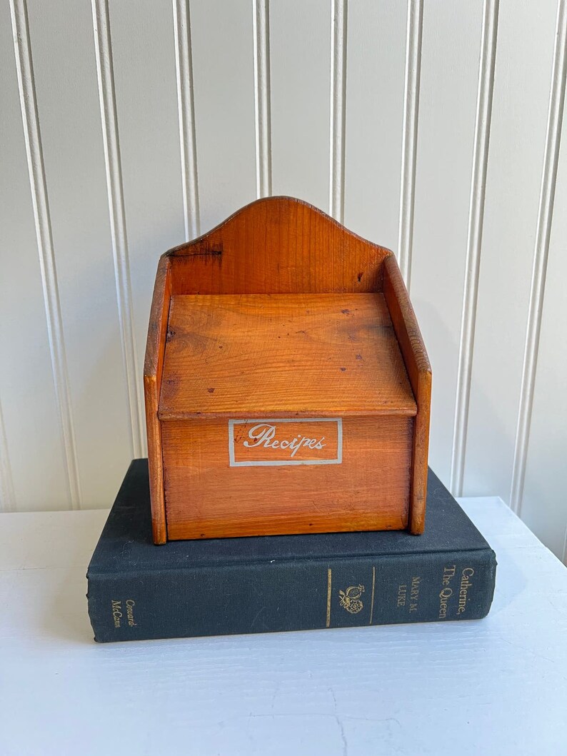Vintage Wooden Recipe Index Box Slant Country Farmhouse Wood Decor