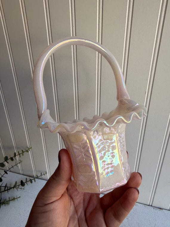 Vintage Fenton Iridescent Pink & White Glass Basket