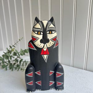 Vintage Carved Wood Cat Figurine Ornate Wooden Kitty Folk Art Statue Decor | 8&quot; Tall | Cat Lover Gift
