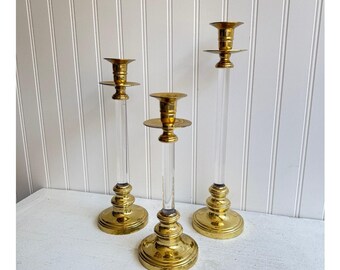 Set of Vintage 1970s Tiered Solid Brass Taper Candle Holders Set of Vintage 1970s Tiered Solid Brass Taper Candle Holders