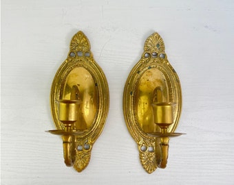 Pair of Vintage Brass Sconces Candlestick Holders Ornate Detailing Oval