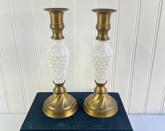 Vintage Brass Candleholders Ceramic Fruit Accent Grape Cluster MCM