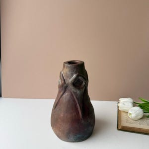 Handmade Studio Pottery Black Raku Oil Slick Glaze Textured Vase | Eclectic Collectible Art Pottery