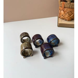 Set of 5 Blue & Gray Glazed Pottery Ceramic Napkin Rings | Table Setting Decor