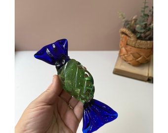 Hand Blown Blue Green Art Glass Candy Paperweight | Colorful Studio Glass | Desk Shelf Decor