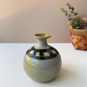 Peut inclure: Petit vase rond en céramique, col étroit et base large. Le vase est principalement vert clair avec un motif à carreaux marron et blanc sur le dessus. Le bord est de couleur jaune plus foncé. Un petit panier avec de la verdure est en arrière-plan.