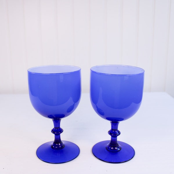 Vintage Carlo Moretti Cobalt Blue Cased White Wine Glasses Set of 2 Italian MCM