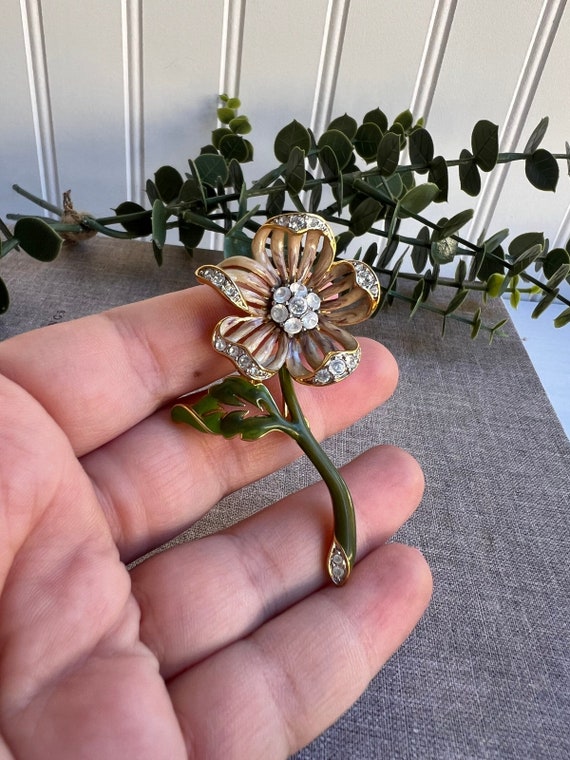 2 Vintage Nolan Miller Glamour Collection Enamel Rhinestone  Nolan Miller Enamel Flowers on Bow Brooch/Pin Vintage main image 1