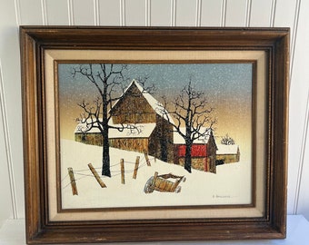 Vintage H. Hargrove Painting Serigraph Signed Winter Snowy Farm Barn