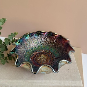 Fenton Electric Purple Carnival Glass Bowl | Persian Medallion | Ruffled Iridescent