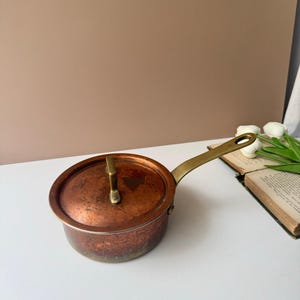 May include: A round copper saucepan with a matching lid and a long brass handle. The copper surface shows a weathered patina with dark spots and discoloration. The brass handle features a circular hole at the end for hanging storage.