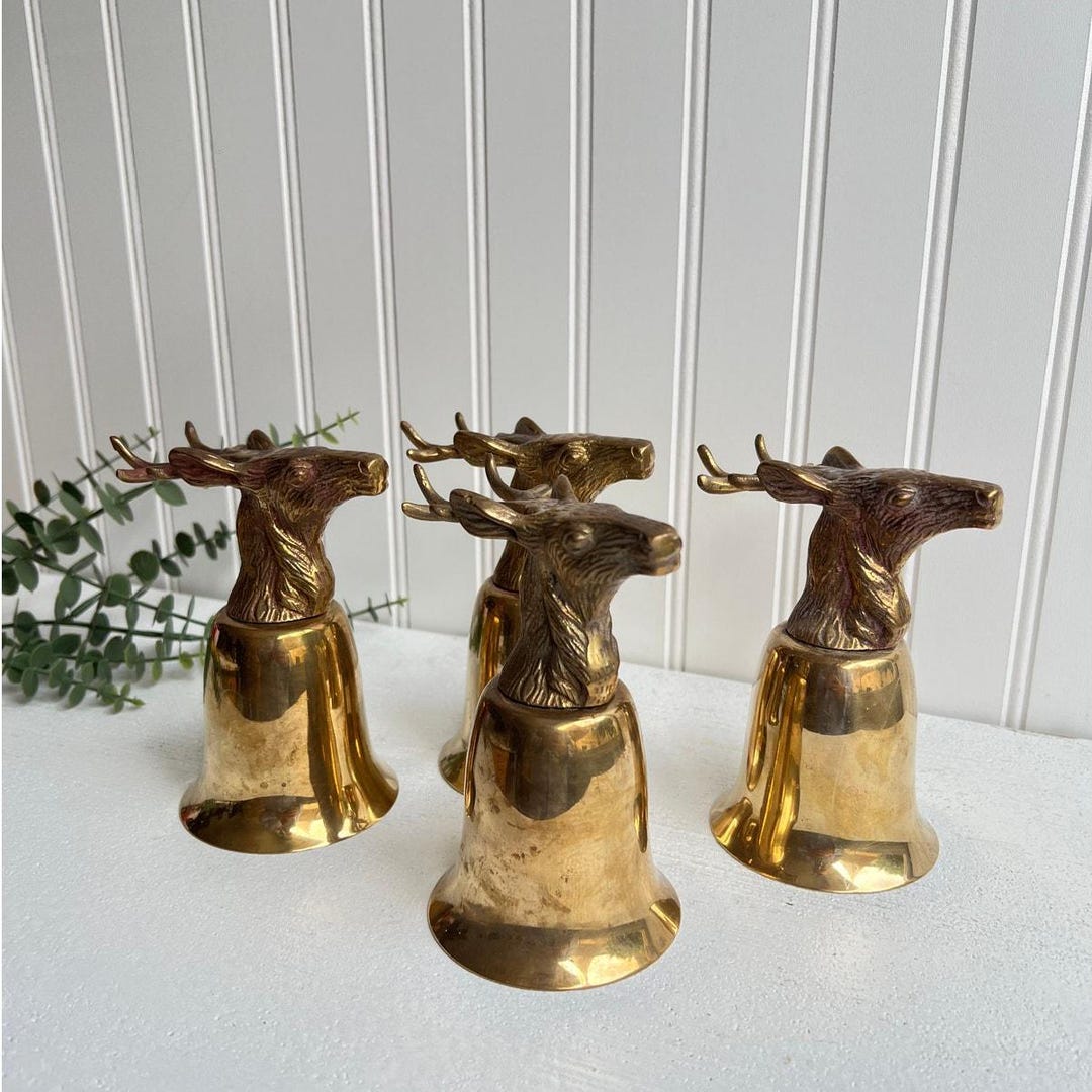 Vintage Brass Deer Stirrup Cups Set of 4 | Stag Head Barware