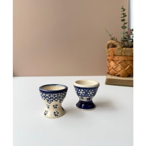 Polish Pottery Egg Cup Holders | Set of 2 | Blue Floral Print | Boleslawiec Folk Art Table Decor
