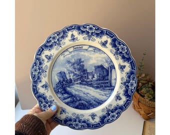 Royal Delft Blue (1931) LARGE Handpainted Plate With Floral Motive