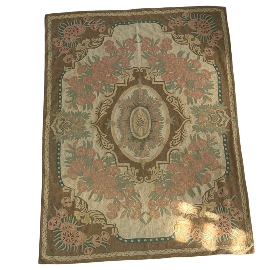 Vintage Ralph Lauren Pastel Floral Crewel Rug | Large Chainstitch Wool ...