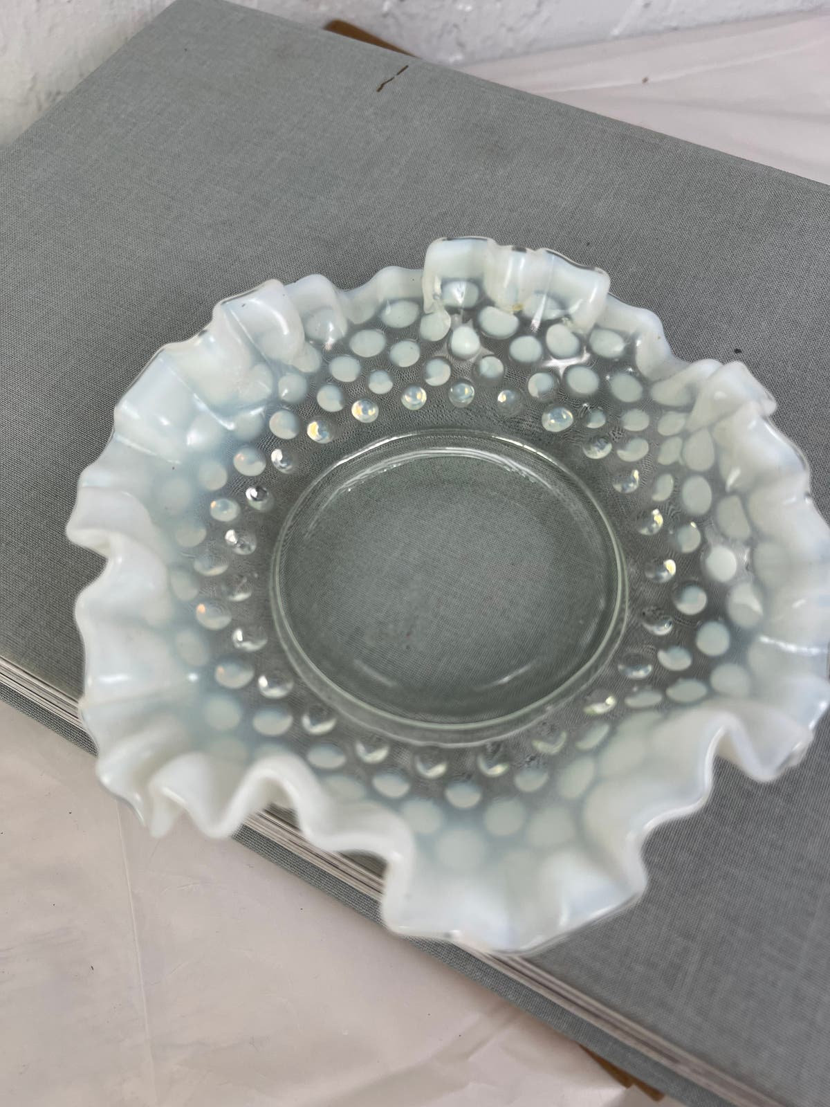 Fenton White Opalescent Ruffled Hobnail Candy Dish Vintage Handmade 6 ...