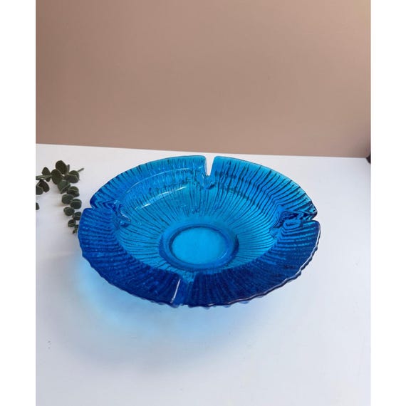 Vintage Blenko Blue Glass Ashtray | Sunburst Pattern | Mid Century