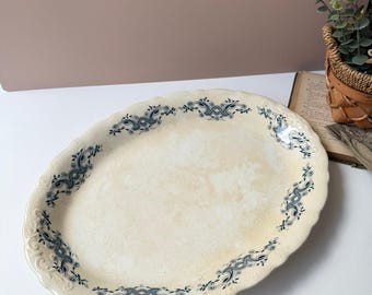 Antik J&E Mayer Stor Blå Transferware Kantfat | Färgad Krackelerad Patina | Engelskt Antikporslin
