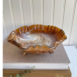 Vintage Imperial Slag Glass Footed Bowl | Engraved Roses Floral | Caramel Brown Swirl | Ruffled Edge