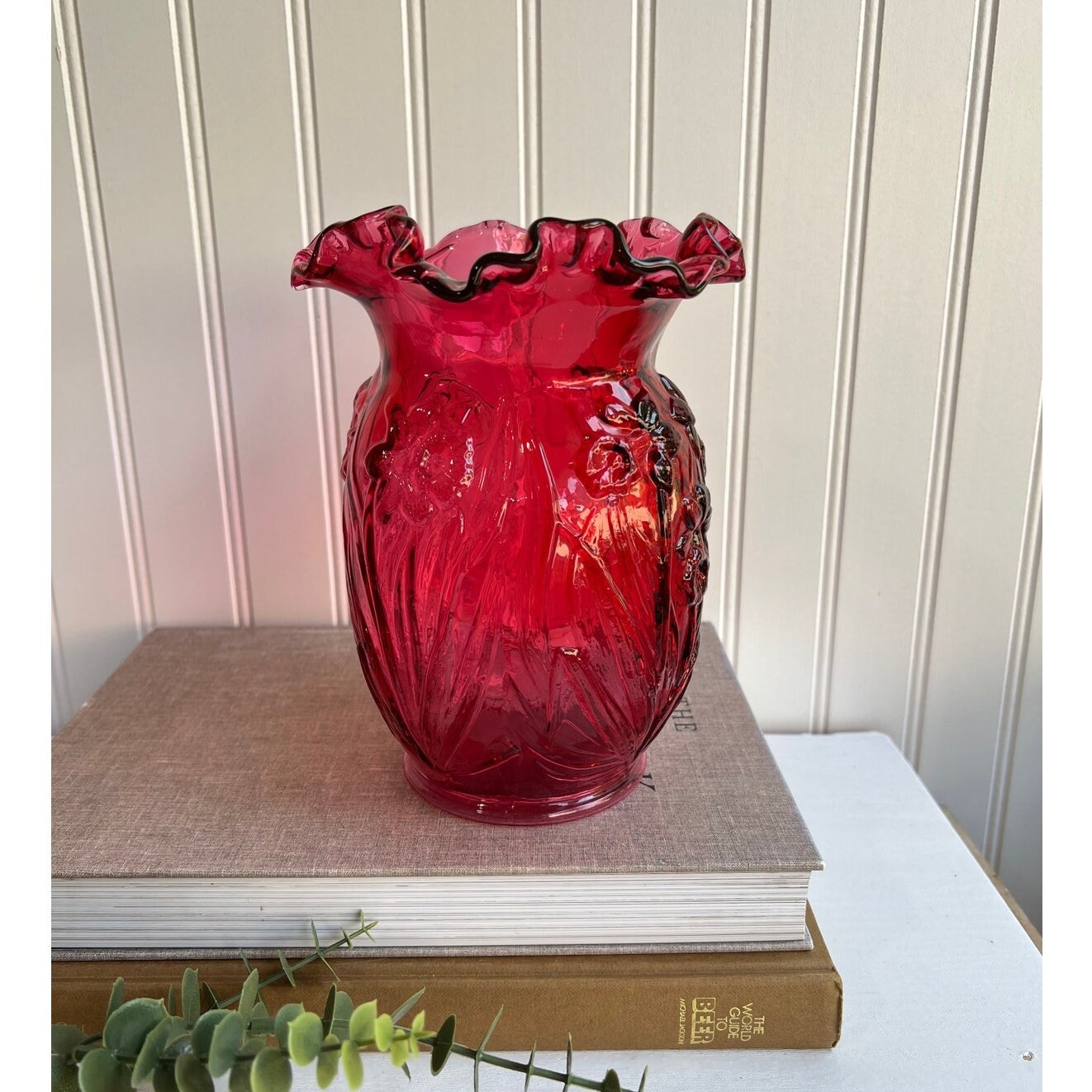 Vintage Fenton Cranberry Pink Daffodil Vase Ruffled Edge