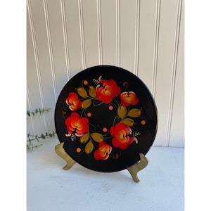 Vintage Wooden Hand Painted Floral Wall Plate Made In USSR | Folk Art Decor | 9.5&quot;