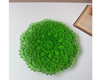 Vintage Fostoria Rosby Muster Grün Glas Servierplatte | 23 cm | Sammlerstück Amerikanisches Kunstglas 1970er Jahre