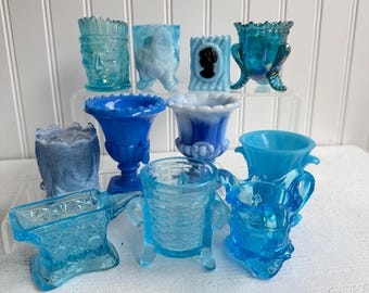 Vintage Assorted Toothpick Holders | Blue Slag Glass| Pick your Choice | Matchstick Holder Small Glass Collection