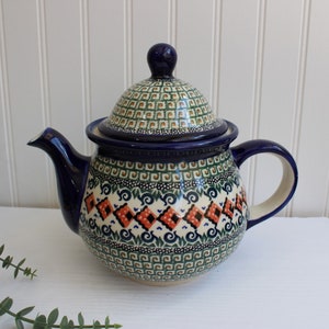 Polish Pottery Unikat Large Teapot Blue Geometric Patterns | Handmade Pottery Poland