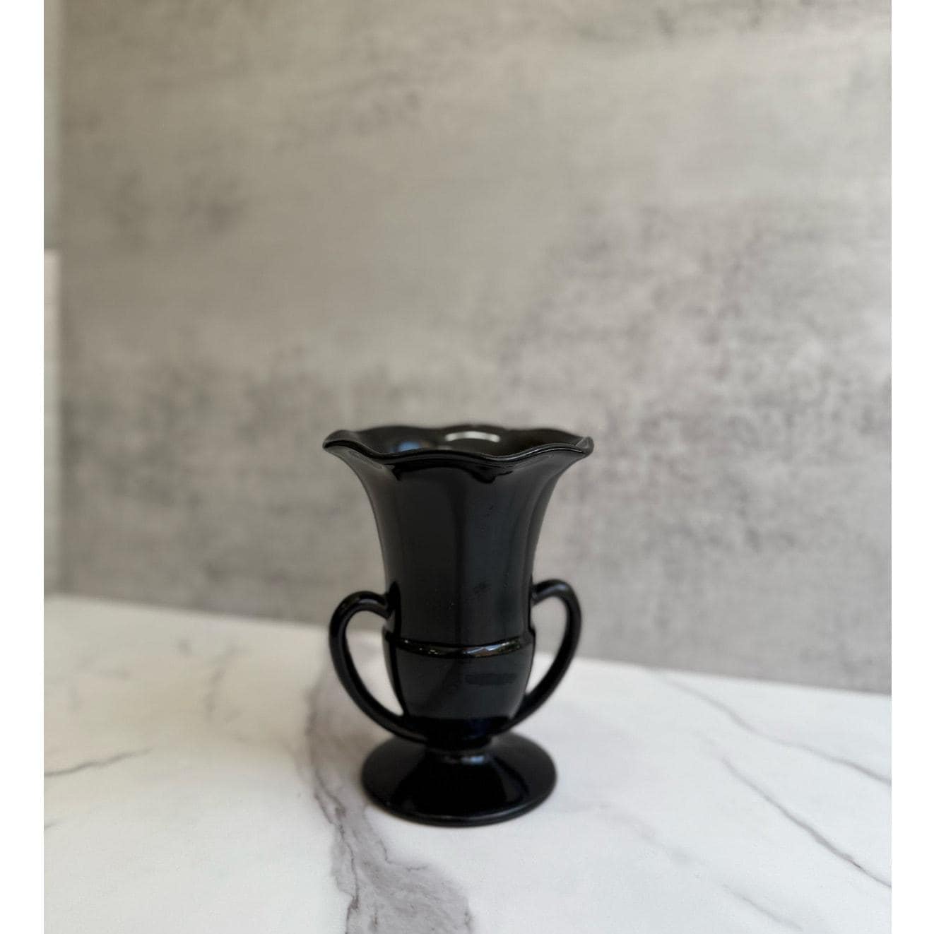 Vintage Black Amethyst Double Roman Handle Footed Glass Vase | Gothic Black Glass Decor