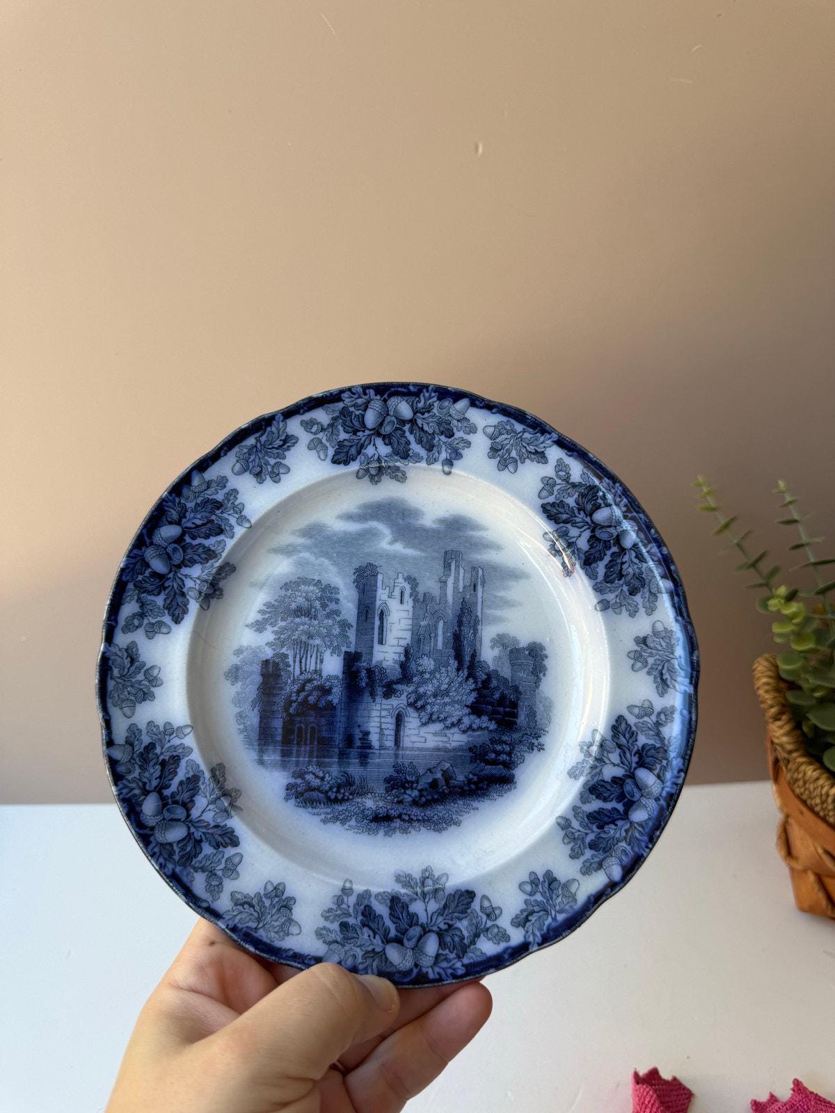 Antique 1852 Copeland Spode Ruins Oak Leaves Acorns Flow Blue