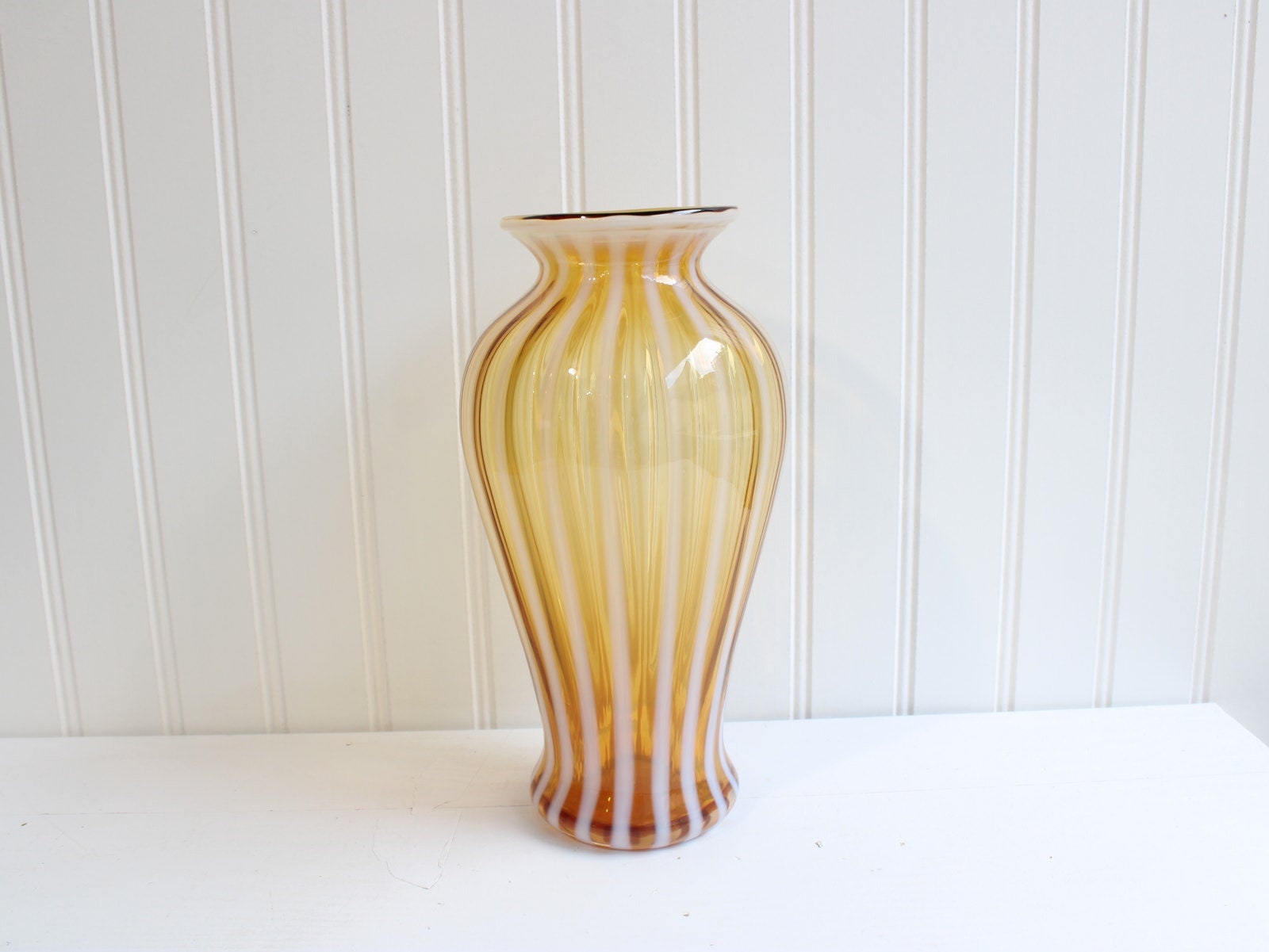 Vintage Fenton Autumn Gold Opalescent Striped Vase | Amber
