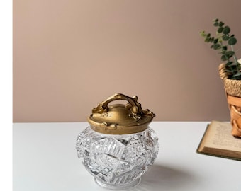 Vintage Art Nouveau Crystal Glass Dresser Jar | Gilded Metal Lid | 4.5" | Hollywood Regency Vanity Decor