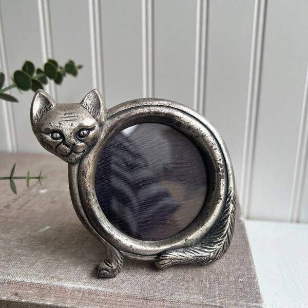 Vintage Pewter Cat Shaped Picture Frame | Creepy Gothic Cat Decor | Unique Made in Italy