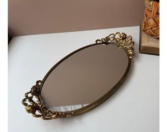 Owalna taca lustrzana z mosiądzu w stylu vintage z ozdobnymi aniołkami | Dekoracja toaletki | Hollywood Regency