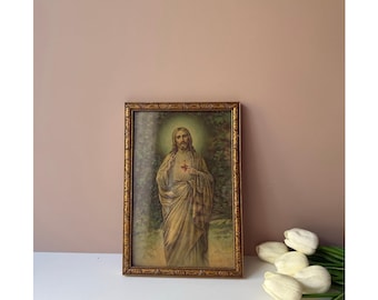 Gerahmter Vintage-Druck des Heiligen Herzens Jesu | Rolin | 25,4 x 16,5 cm | Religiöse christliche Kirchendekoration