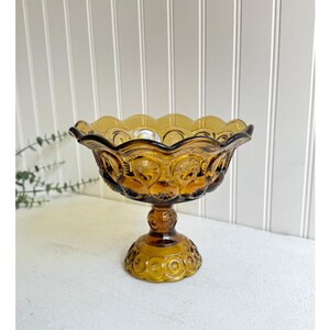 Vintage L.E. Smith Moon and Stars Pedestal Compote Bowl | Amber Brown Glass | 7" Tall