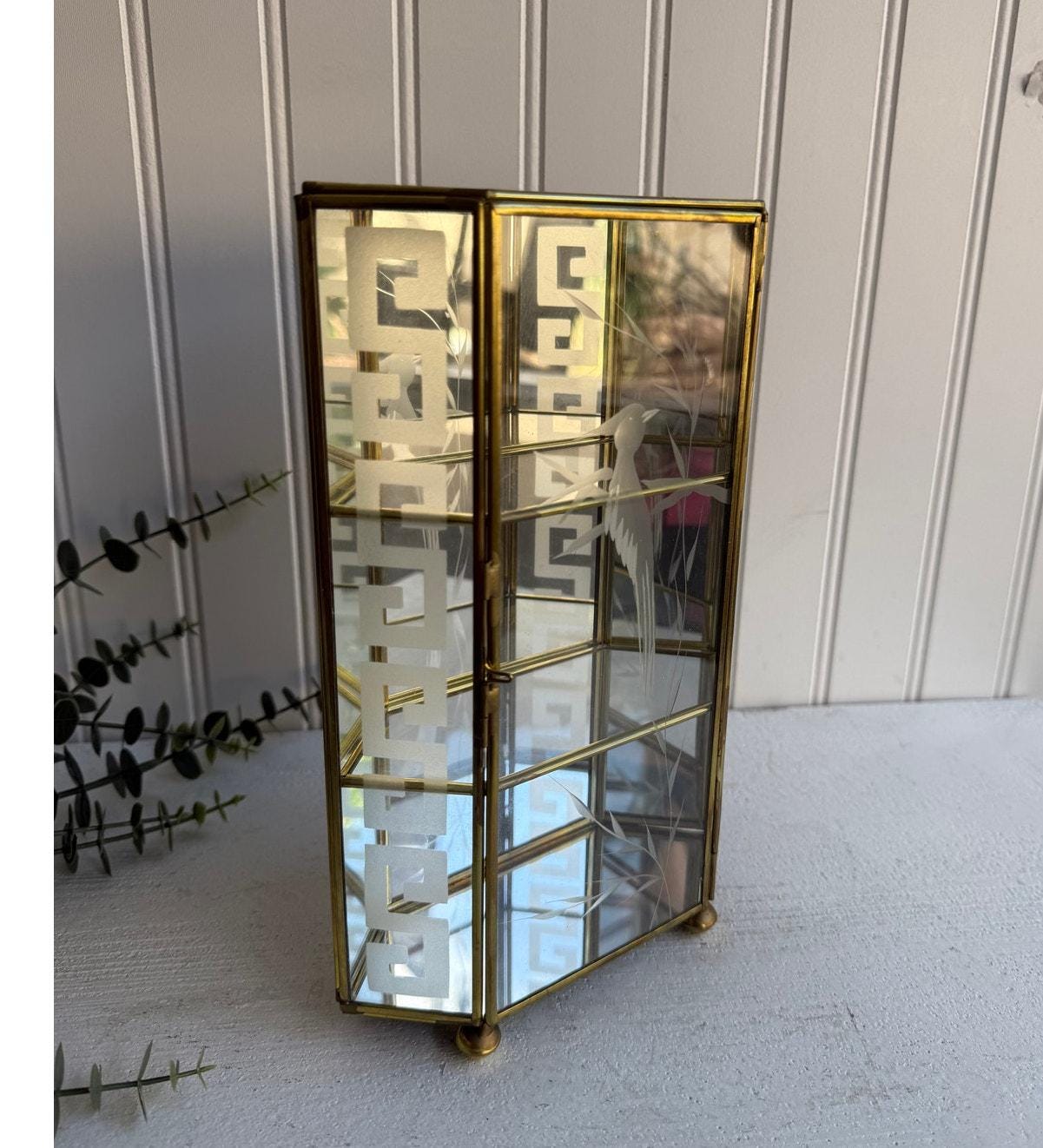 Vintage Glass Curio Display Cabinet | Etched Birds Greek Key Design | Mirrored Back & Shelves