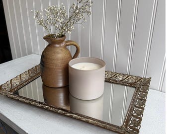Vintage Gold Metal Rectangular Mirror Tray with Filigree Ormolu | Vanity Dresser Tray | 10 x 15