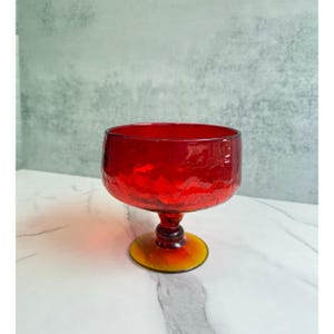 Blenko Tangerine Amberina Crackle Glass Footed Compote | Wayne Husted Design | Mid-Century Modern
